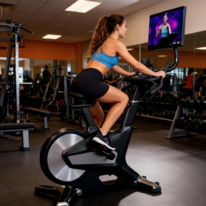 Commercial-grade treadmill with a large screen for gyms.